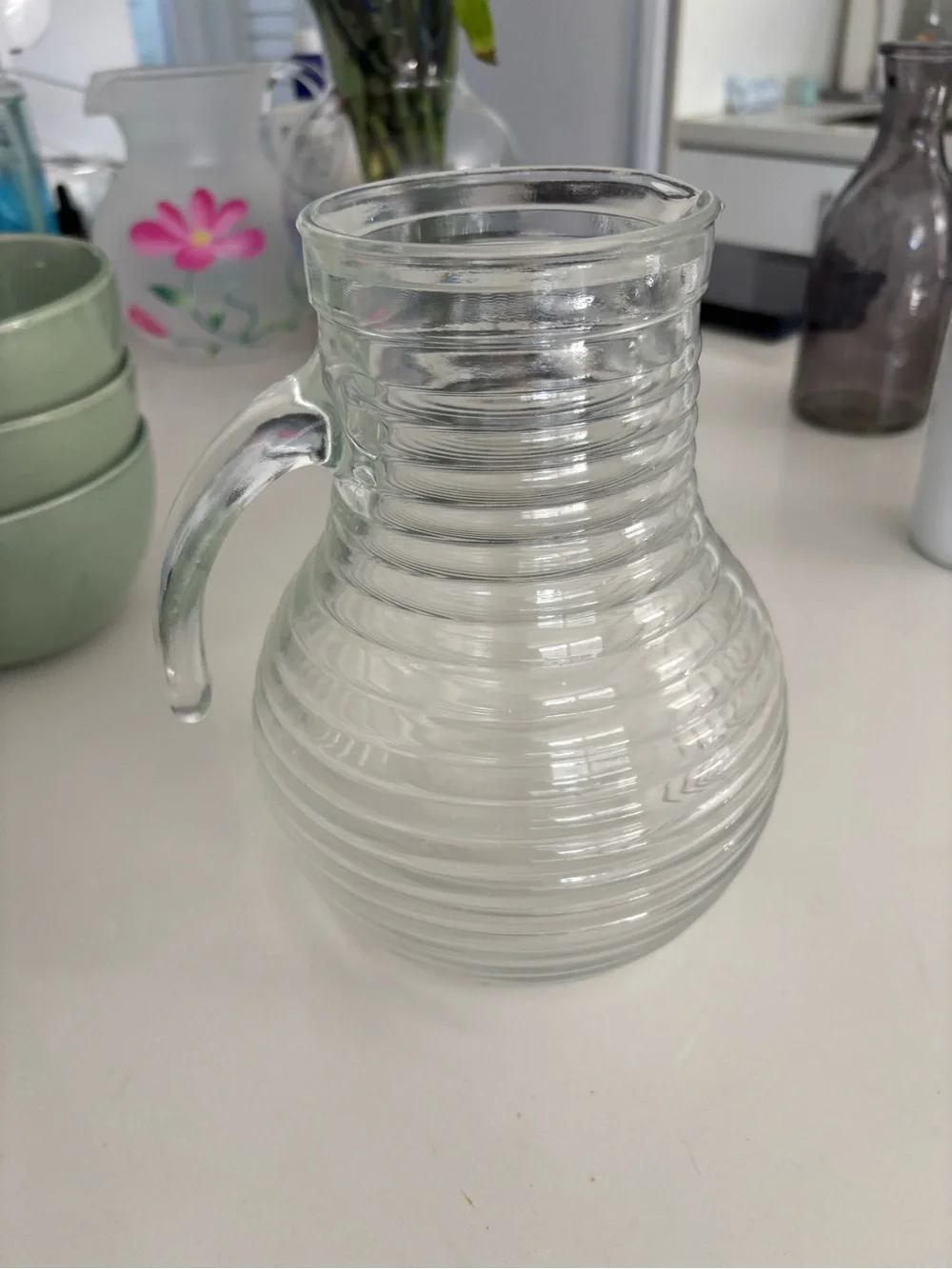 Clear Ribbed Glass Pitcher with Handle - Picture 3 of 4